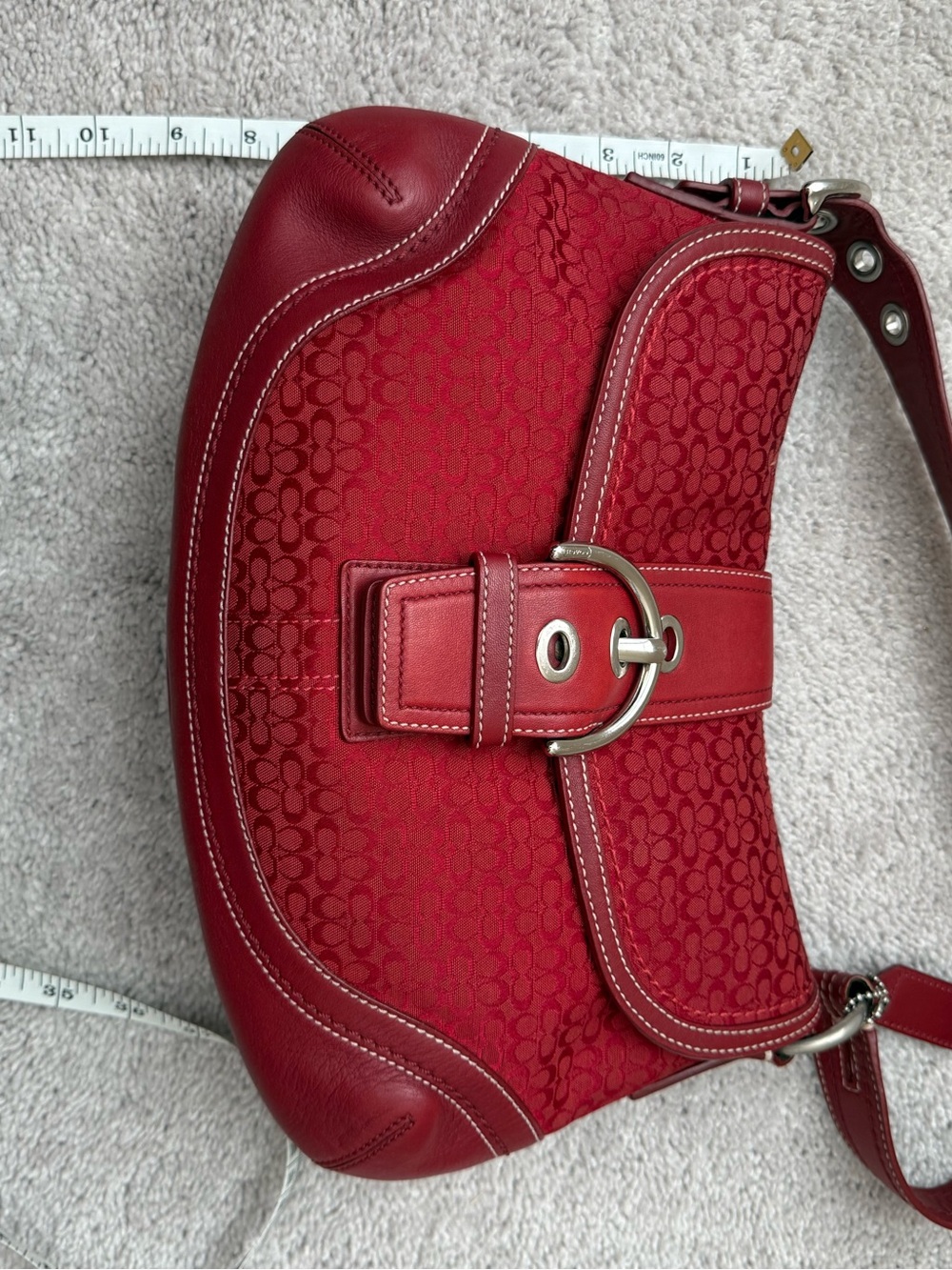 Coach Rare Soho Signature Buckle Flap Shoulder Bag Red Jacquard Leather Trim Y2K - Picture 10 of 12
